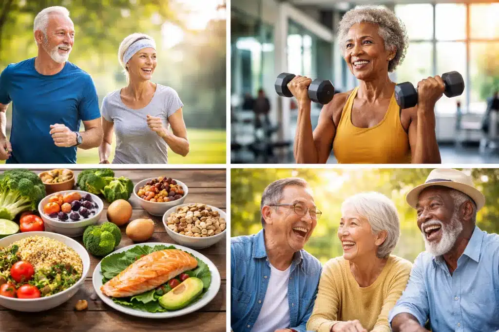 Aktive ältere Menschen beim Joggen, Krafttraining, gesunder Ernährung und sozialem Austausch als Symbol für Longevity, Vitalität und Prävention von Frailty im Alter