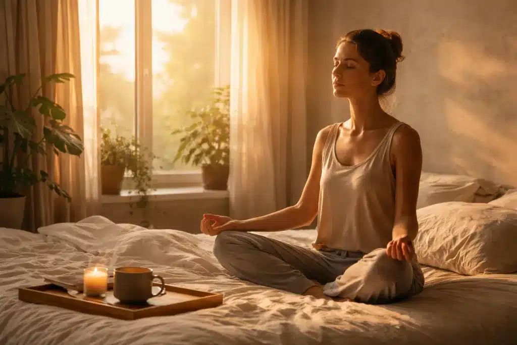 Morgenrituale: Ausrichtung und Fokus – wie du deinen Tag bewusst beginnst und dein Leben langfristig formst 1 Frau sitzt am Morgen meditierend auf dem Bett im warmen Sonnenlicht, ruhige Atmosphäre mit Tee und Pflanzen, Symbol für ein bewusstes Morgenritual, innere Ausrichtung, Fokus und mentale Klarheit.