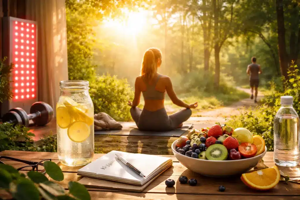 Selfcare – Die vergessene Superkraft für Gesundheit, Energie und Langlebigkeit 3 Moderne Selfcare-Routine mit Meditation in der Natur, Zitronenwasser, frischem Obst, Journaling, Bewegung und Rotlicht-Therapie als ganzheitlicher Ansatz für Gesundheit und Langlebigkeit