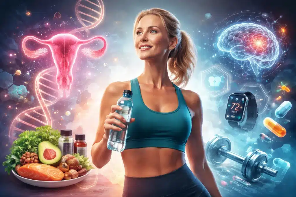 Wechseljahre & Biohacking: Wie du Hormonveränderungen verstehst, steuerst und für deine Longevity nutzt 5 Sportliche Frau in den Wechseljahren mit Wasserflasche, umgeben von DNA-Strang, Gehirn, Smartwatch, Hanteln und gesunder Ernährung als Symbol für Wechseljahre Biohacking und Hormonoptimierung.