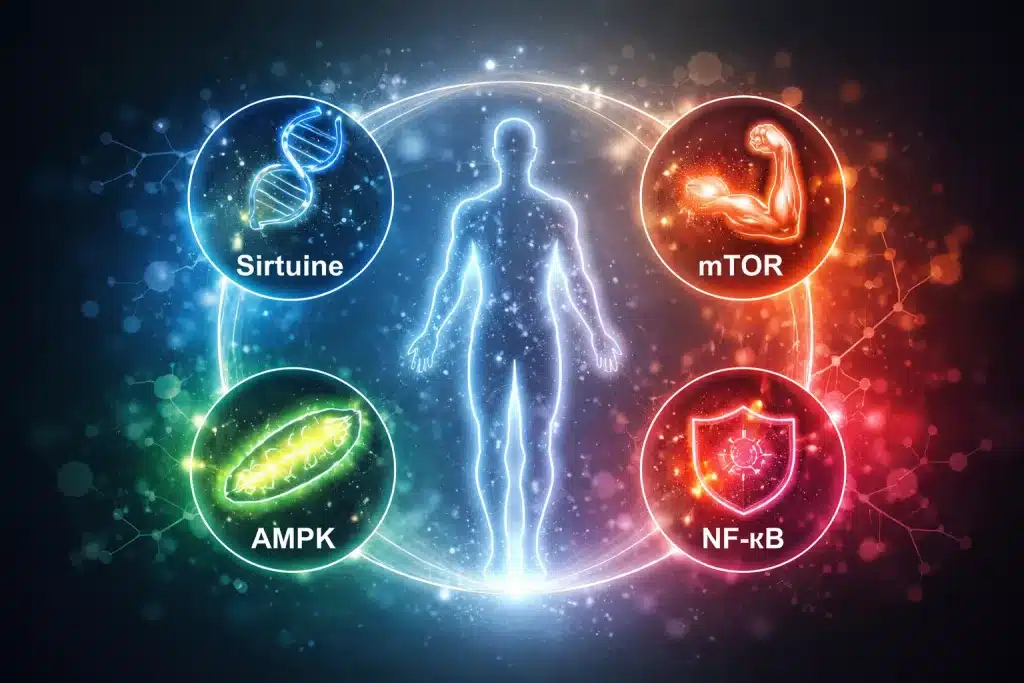 Visualisierung der Signalwege der Longevity mit Sirtuinen, AMPK, mTOR und NF-κB zur Steuerung von Alterung, Energie und Zellgesundheit