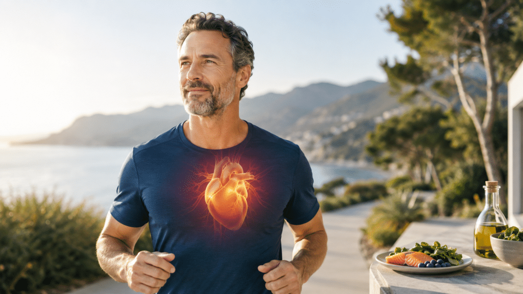 Herzgesundheit verbessern: 9 Strategien für gesunde Gefäße und ein starkes Herz 1 Ein sportlicher Mann mittleren Alters joggt in einer sonnigen Küstenlandschaft. Auf seiner Brust ist ein leuchtendes anatomisches Herz dargestellt. Im Vordergrund stehen gesunde Lebensmittel wie Lachs, Blaubeeren, grünes Gemüse und Olivenöl als Symbol für herzgesunde Ernährung.