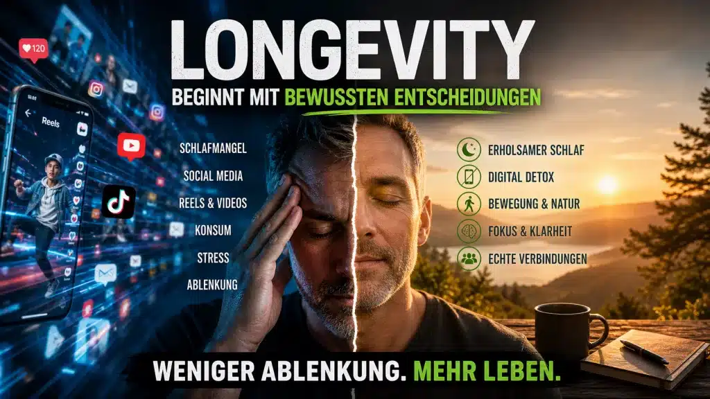Longevity in Gefahr: Wie Schlafmangel, Social Media und Konsum dein Leben verkürzen – und wie du die Kontrolle zurückgewinnst 1 Kontrastreiches Hero-Bild zur Langlebigkeit: Links digitale Überlastung durch Social Media, Reels und Stress – rechts Ruhe, Natur und Fokus. Visualisiert den Einfluss von Schlaf, Digital Detox und bewussten Entscheidungen auf Gesundheit und Longevity.