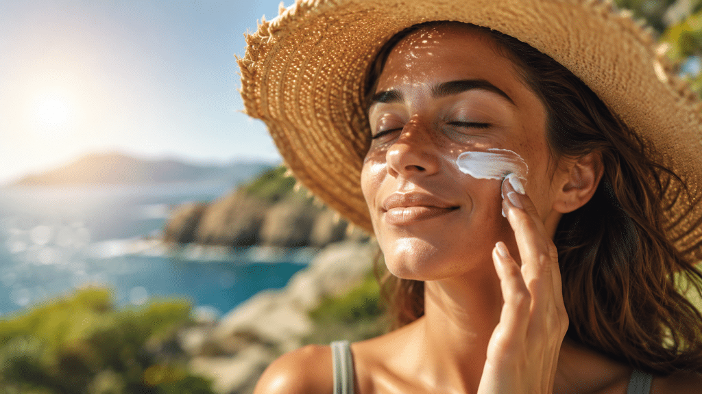 Sommer, Sonne und Longevity: Warum Sonnencreme einer der wichtigsten Anti-Aging-Faktoren überhaupt ist 3 Frau trägt im Sommer Sonnencreme im Gesicht auf und schützt ihre Haut vor UV-Strahlung, Hautalterung und Sonnenschäden am Meer.