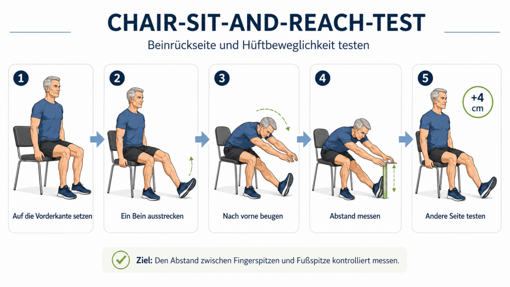 Wie fit alterst du wirklich? Teil 2: Einfache Selbsttests für Gehfähigkeit, Ausdauer und Beweglichkeit 7 Chair Sit And Reach Test
