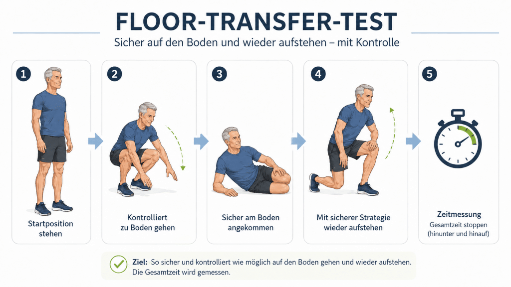 Wie fit alterst du wirklich? Teil 1: Einfache Selbsttests für Kraft, Balance und körperliche Selbstständigkeit 5 Floor Transfer Test