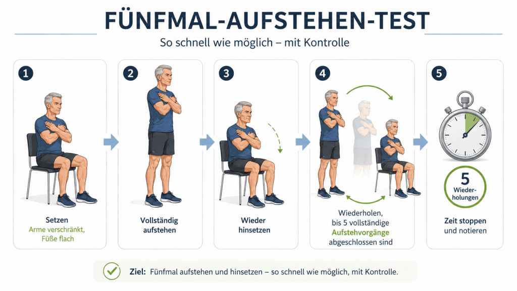 Wie fit alterst du wirklich? Teil 1: Einfache Selbsttests für Kraft, Balance und körperliche Selbstständigkeit 8 Fuenfmal Aufstehen Test