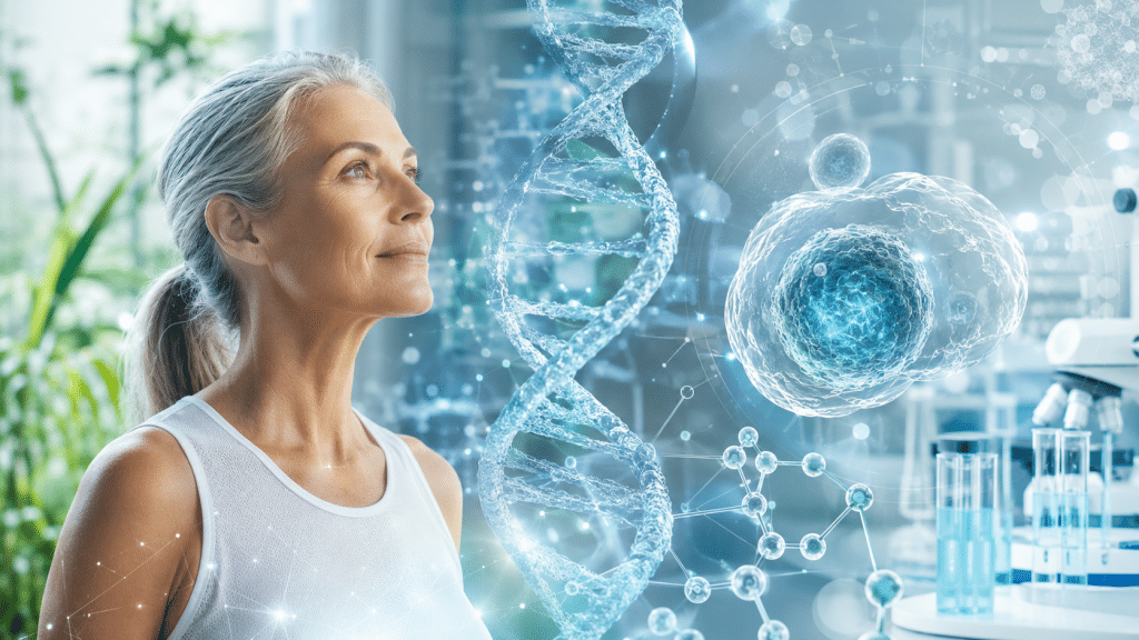 Longevity Forschung 2026: Was wirklich neu ist und wie wir länger gesund leben könnten 1 Vitale ältere Frau vor einer leuchtenden DNA-Doppelhelix und Zellstruktur in einem modernen Forschungslabor zur Longevity-Forschung 2026.