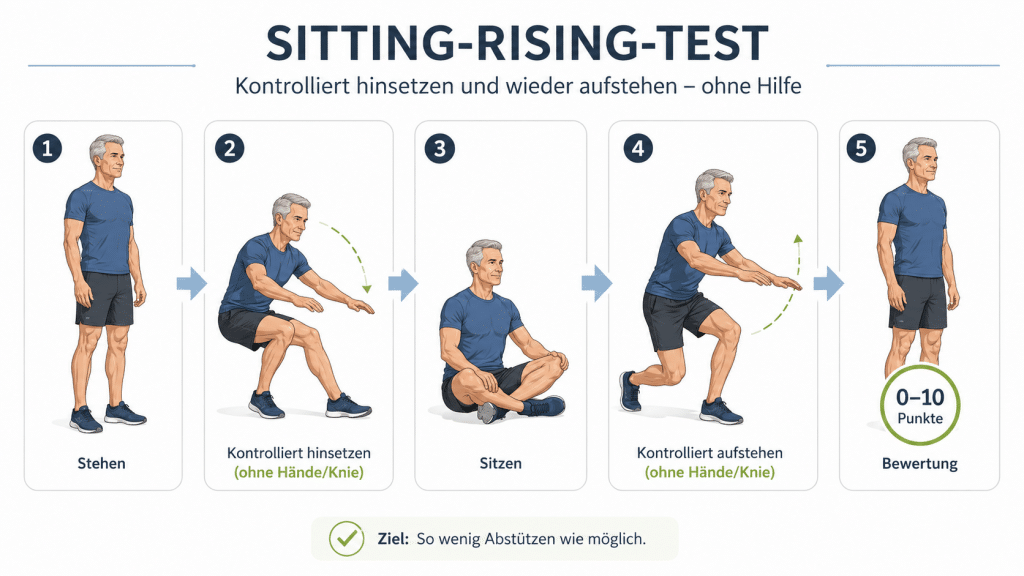 Wie fit alterst du wirklich? Teil 1: Einfache Selbsttests für Kraft, Balance und körperliche Selbstständigkeit 4 Sitting Rising Test