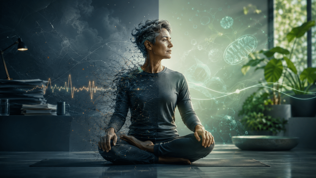 Stress und Longevity: Wie chronischer Stress dein biologisches Alter beschleunigt 1 Stress und Longevity: Meditation als Symbol für Nervensystem-Regulation, innere Balance und gesundes Altern.