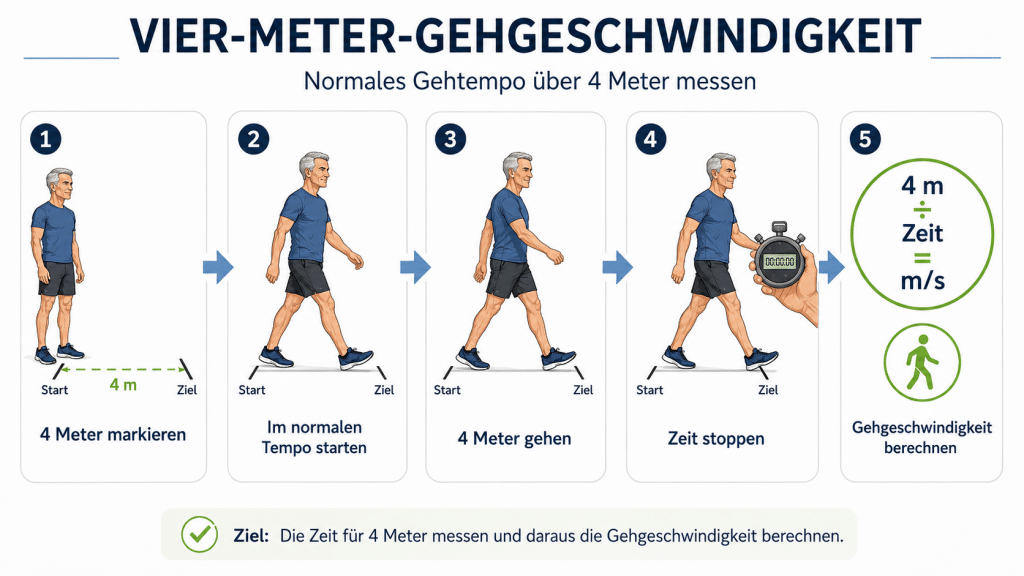 Wie fit alterst du wirklich? Teil 2: Einfache Selbsttests für Gehfähigkeit, Ausdauer und Beweglichkeit 4 Vier Meter Gehgeschwindigkeit Test