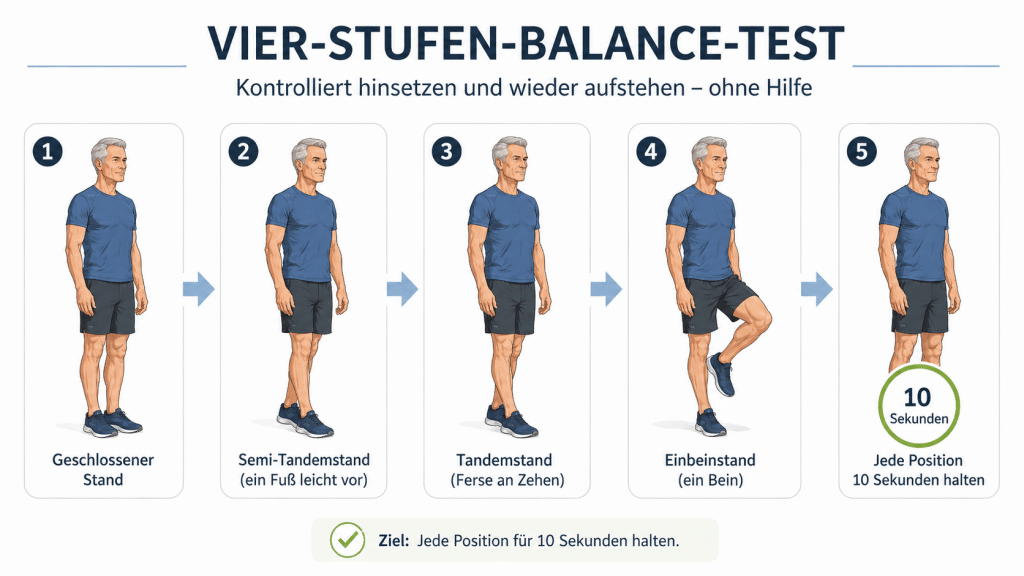 Wie fit alterst du wirklich? Teil 1: Einfache Selbsttests für Kraft, Balance und körperliche Selbstständigkeit 7 Vier Stufen Balance Test