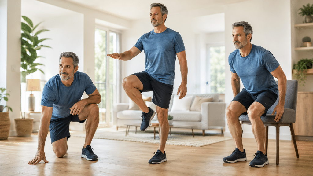 Wie fit alterst du wirklich? Teil 1: Einfache Selbsttests für Kraft, Balance und körperliche Selbstständigkeit 1 Fitter Mann mittleren Alters in einem hellen Wohnzimmer bei funktionellen Selbsttests: Bodenaufstehen, Einbeinstand und Aufstehen vom Stuhl zur Prüfung von Kraft, Balance und Mobilität.