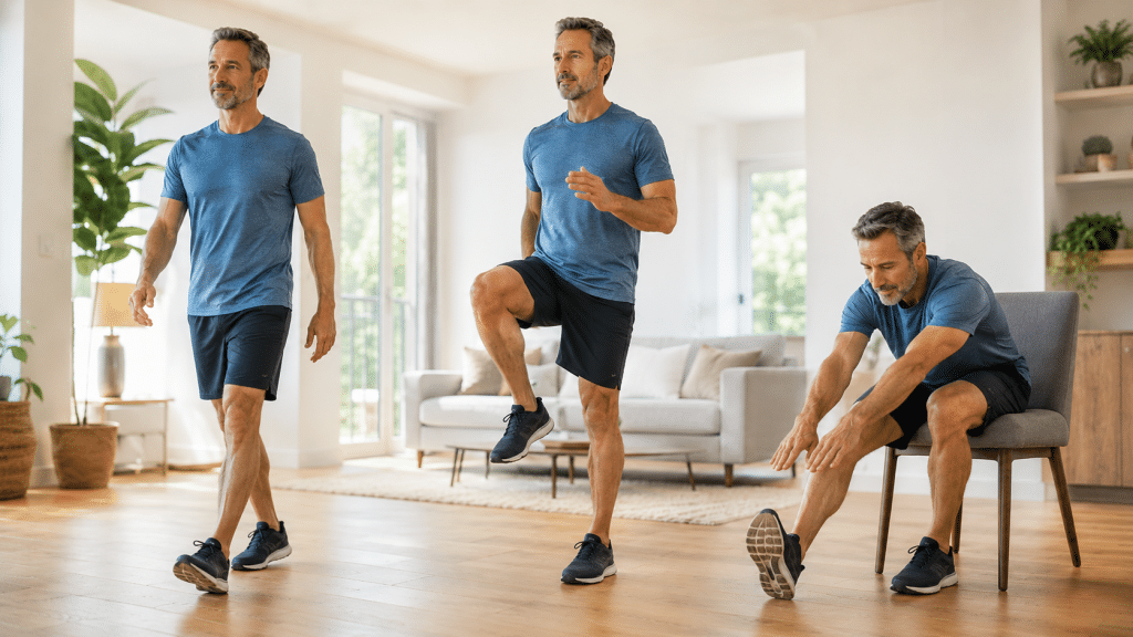 Wie fit alterst du wirklich? Teil 2: Einfache Selbsttests für Gehfähigkeit, Ausdauer und Beweglichkeit 1 Fitter Mann mittleren Alters bei einfachen Selbsttests im Wohnzimmer: Gehen, Knieheben im Stand und Beweglichkeitsübung auf einem Stuhl.