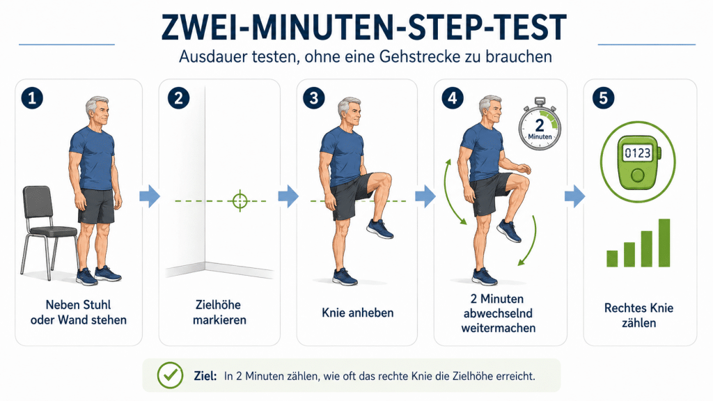 Wie fit alterst du wirklich? Teil 2: Einfache Selbsttests für Gehfähigkeit, Ausdauer und Beweglichkeit 6 Zwei Minuten Step Test