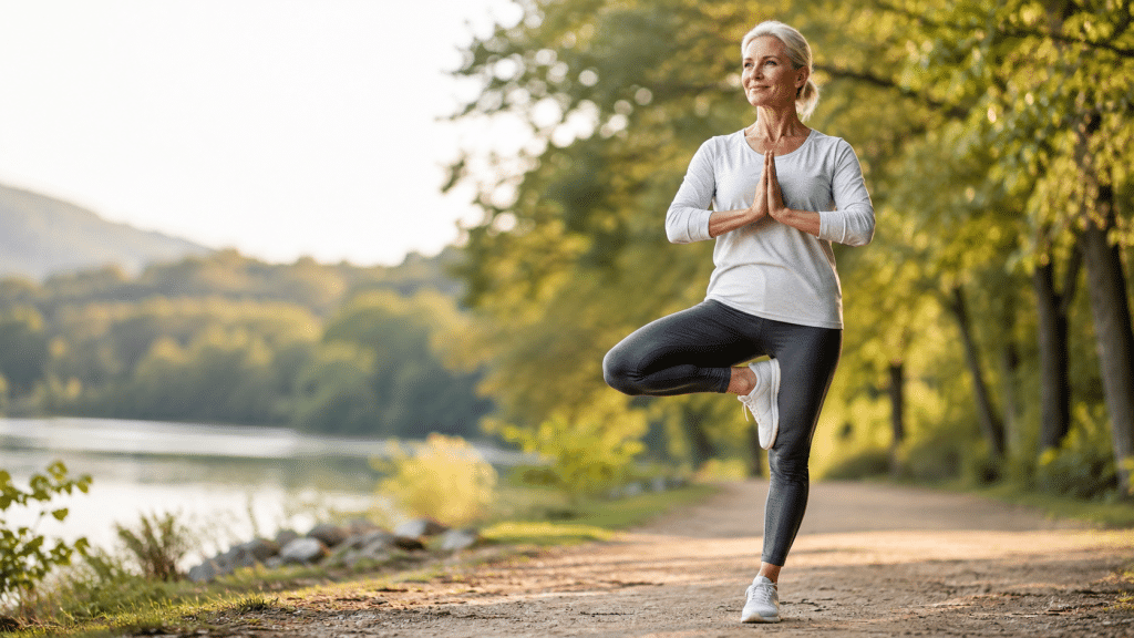 Balance im Alter: Warum Gleichgewicht ein entscheidender Longevity-Faktor ist 1 Balance im Alter: Fitte Frau ab 50 steht in Balance-Position auf einem Bein auf einem Naturweg am See und trainiert Gleichgewicht, Stabilität und Körperkontrolle für gesundes Altern.