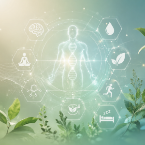 Futuristische Darstellung eines Menschen mit DNA-Strang und Symbolen für Schlaf, Bewegung, Ernährung, mentale Gesundheit und Regeneration.