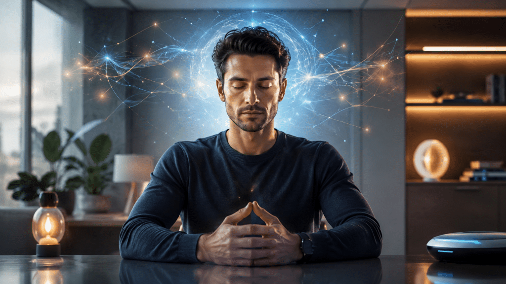 Mindhacking: Wie du dein Denken, deinen Fokus und deine mentale Stärke gezielt trainierst 1 Mindhacking Symbolbild mit meditierender Person, neuronalen Lichtstrukturen und moderner Biohacking-Atmosphäre für Fokus und mentale Klarheit.
